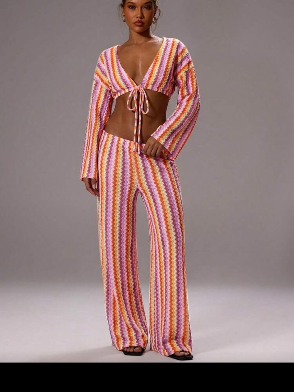 Striped Cover up Crochet-Texture Wide Leg Pants - Pink & Orange